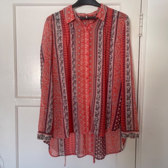 Free People moonlight miles coral patterned sheer blouse Size Large Boho - Picture 2 of 9
